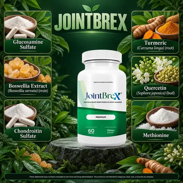 Inside JointBrex brand graphic: glucosamine sulfate, boswellia, chondroitin, turmeric, quercetin and methionine around the bottle