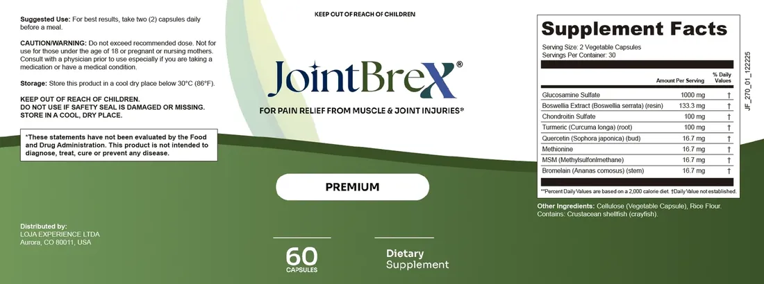 Full JointBrex label: suggested use, caution, storage, distributor, shellfish allergen and Supplement Facts with glucosamine sulfate 1,000 mg and boswellia 133.3 mg