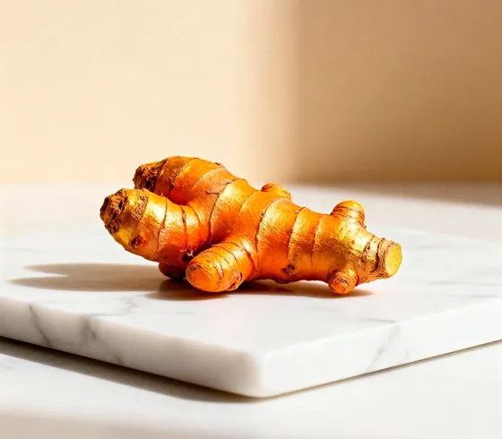 Fresh turmeric root pieces on white marble